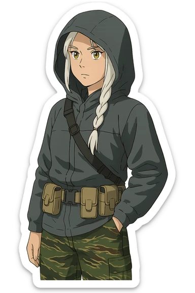 1 female, mid-20's  white hair long braid, gold yellow eyes, gray waterproof tactical shirt hoodie, hood up, single point sling, tan mag pouches on belt rig, tiger stripe camo pants,  sticker