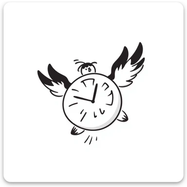 whimsical hand-drawn doodle of a clock with wings, notion style sticker