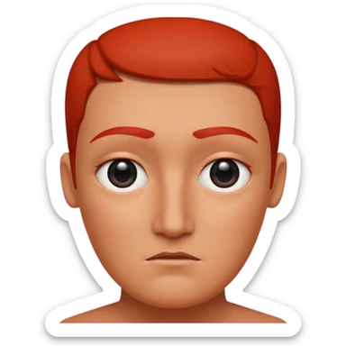 Una figura roja con cabeza cuadrada y cuerpo de rectángulos con cara con dos ojos negros como puntos y cejas preocupadas sin boca y que tenga como una especie de polvo café en la cabeza sticker