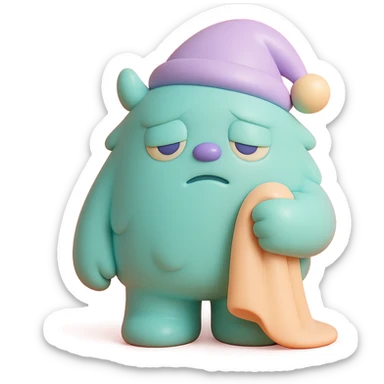 fluffy monster wearing a nightcap, holding a blanket, eyes drooping, soft lighting, vinyl figure style sticker