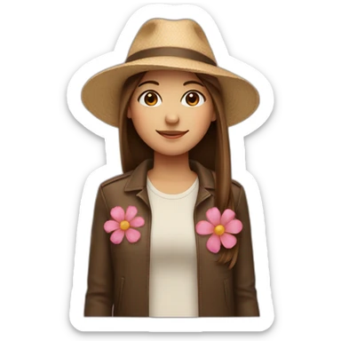 Girl with brown straight hair wearing a hat and flower sticker