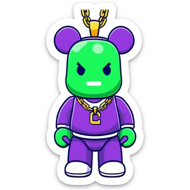 classic bearbrick figure with lime green mask covered in chaotic brand logos, wearing several large gold chains, gold pendant, rapper style accessories, expressive eyebrows sticker