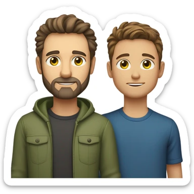 Handsome Father 40s green eyes with short full beard with Son 13s light brown eyes tousled bedhead look both has brunette hair light skin arms on shoulder portrait sticker
