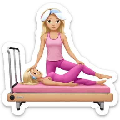 long haired blonde pilates instructor teaching reformer in pink set white reformer bed sticker