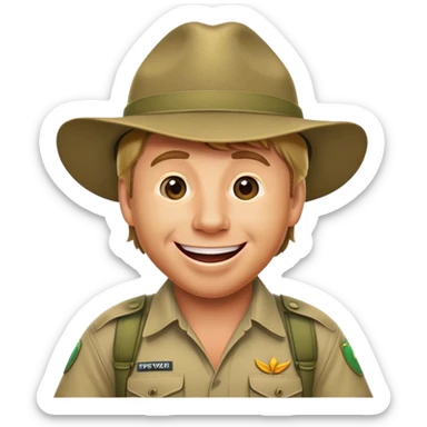 Cinematic Realistic Steve Irwin Portrait Emoji, depicted as a passionate wildlife expert in his signature khaki attire with an enthusiastic smile and a backdrop of the Australian outback, rendered with vibrant textures and dynamic natural lighting that captures his adventurous spirit. sticker