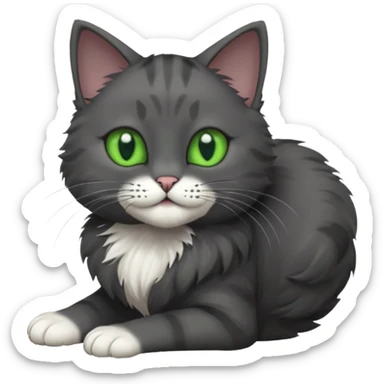 solid dark grey cat with green eyes, completely solid grey face, white toes/paws playing rolling upside down sticker