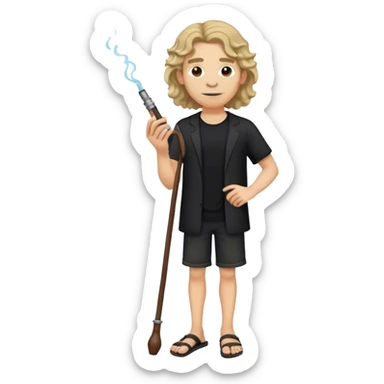 A tall, thin guy with shoulder-length wavy hair, wearing sandals and black clothes, holding a pipe sticker