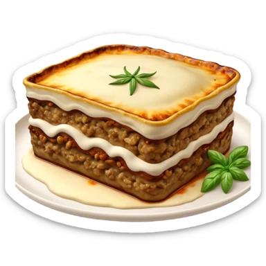 Moussaka Cinematic Realistic Moussaka Dish Emoji, depicted as a rustic serving of moussaka with layers of soft eggplant, ground meat, and a creamy topping featuring a delightfully crispy corner, rendered with rich textures and warm, inviting lighting. sticker