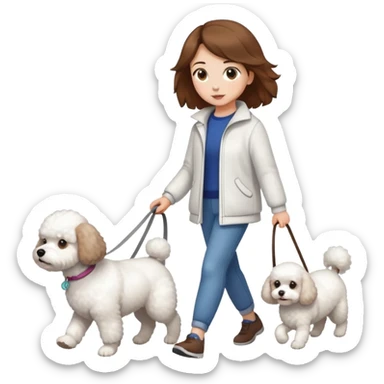 Brown-haired girl walks a Bichon Frise dog sticker