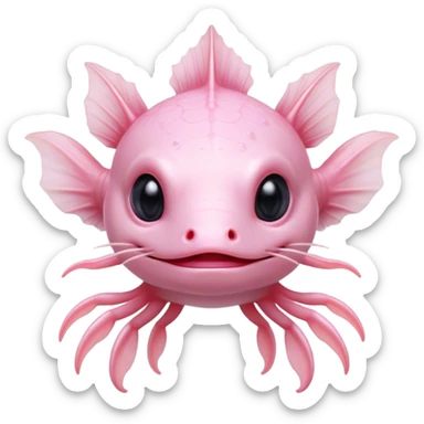Cinematic Noble Axolotl Portrait Emoji, Poised and regal, with a slender, graceful build and smooth, pale pink skin adorned with feathery external gills, deep-set soulful dark eyes, Simplified yet sharp and sophisticated features, highly detailed, glowing with a soft, ethereal glow, high shine, intelligent and enigmatic, stylized with an air of aquatic elegance, focused and attentive, soft glowing outline, capturing the essence of a watchful and mystical creature, so majestic it feels as though it could glide out of the screen with effortless authority! sticker