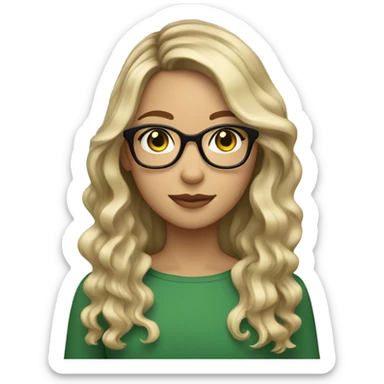 Girl with Longbob wavy dark Brown Hair and blond highlights in front of the hair and she wears glasses and has green eyes sticker