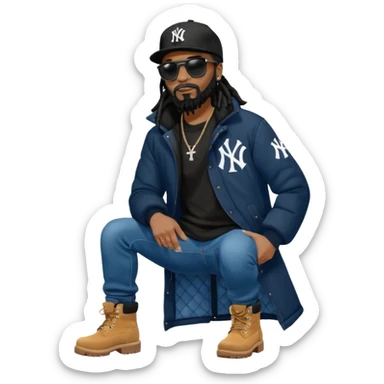 African American man with shoulder length black dreadlocks with black beard wearing black sunglasses wearing a black New York Yankees logo baseball cap wearing a black bubble winter coat wearing denim skinny jeans putting on timberland boots on his feet sticker