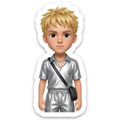 Aaron Carter with brown eyes, blonde hair, silver metallic shirt, silver metallic baggy pants, silver necklace sticker