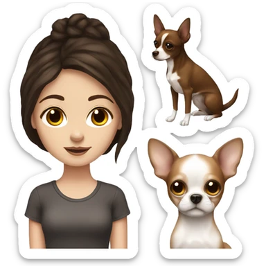 white girl with dark brown hair and freckles with a chihuahua sticker