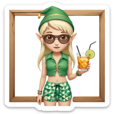 elf female legolas portrait, patterned board shorts (geometric/abstract), unique wooden-framed sunglasses, undercut hairstyle, slight smirk, visible pointy ears, no background, centered emoji, hipster summer vibe coctails with hat sticker
