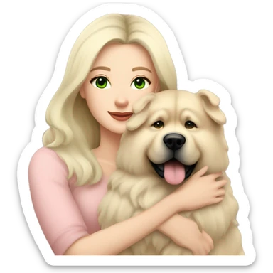 pretty woman with pale skin, very long black hair and green eyes and light pink outfit hugging a beige fluffy chow chow dog sticker