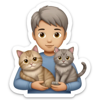 Chinese boy holding a grey longhair cat and a British longhair golden cat sticker