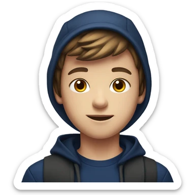 12-year-old boy, with birthday hat, brown hair, navy blue hoodie, dark blue eyes sticker