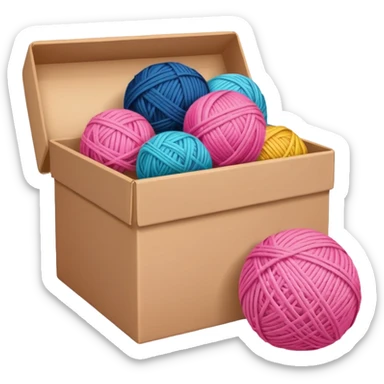paper box with toys, ball of yarn, pink sticker