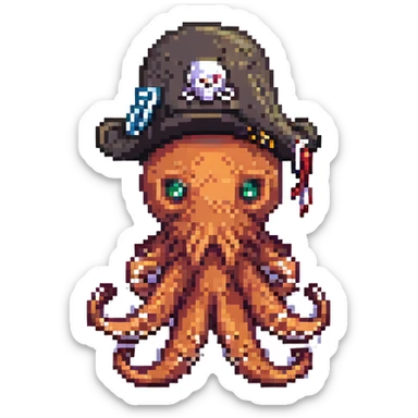 pixel art octopus with pirate hat, winking sticker