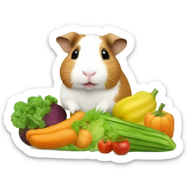 Guineapig playing on a pile of veggies and fruit sticker