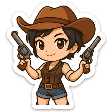 Change the outfit of this sexy chibi cowgirl to a more modern, stylish cowgirl look with a fitted vest, denim shorts, boots, and a belt with a big buckle. Keep the short hair, cowboy hat, confident pose, feminine features, and two guns. Maintain the chibi/anime style. Transparent background, sized for Twitch or Discord use. sticker