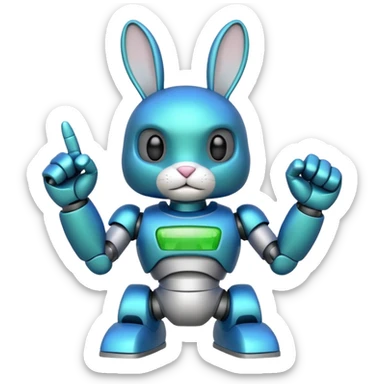a blue and green robot rabbit has a fist in the air sticker