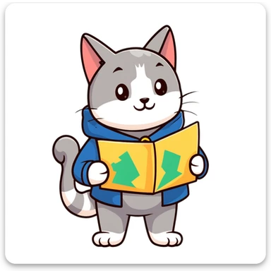 Explorer cat with map in paws, mountains and starry sky behind, wearing explorer outfit and cloak blowing in wind, gazing at horizon sticker