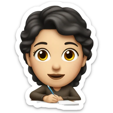 white mom with short dark hair writing  a notebook on a wooden desk sticker