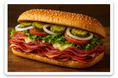 a hoagie-style Italian sandwich, overflowing with meats, cheese, and vegetables, on a sesame seed roll sticker