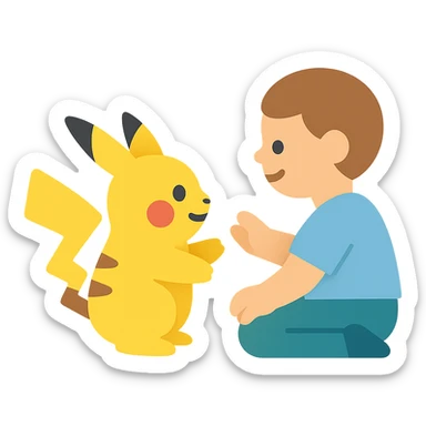 Pikachu playing with a child, colorful icon in a modern style sticker