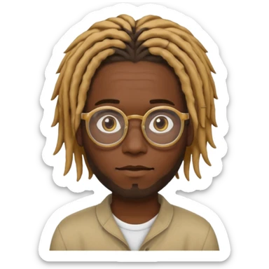  black dark skin to brown male with dreads that are medium short with honey blond on one dyed one parted side  of his hair wearing clear glasses  sticker