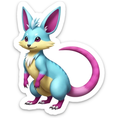 realistic Shiny smooth silky soft Cyan-Yellowish-Magenta Minccino-Zeraora-Emolga-Vernid-Sergal-fusion-hybrid-animal-creature, full body sticker