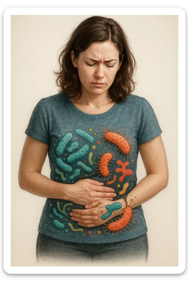 Donna con disequilibrio della flora microbica intestinale 4k sticker