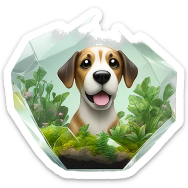 A dog made entirely of glass mirror crystals prisms glass transparent filled with plants as a terrarium sticker