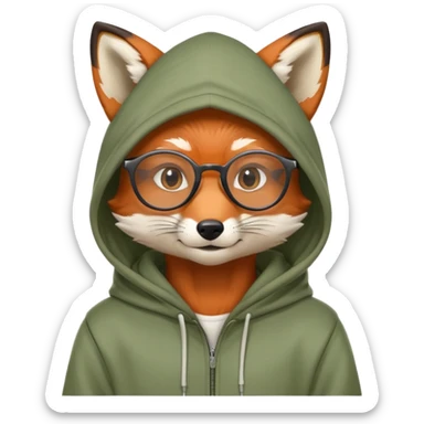 anthropomorphic male fox wearing round glasses and a hoodie with the hood on the head sticker