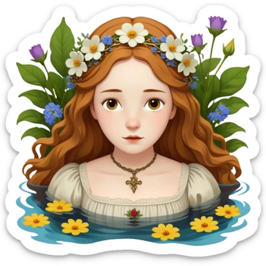 Ophelia from Hamlet floating in water surrounded by flowers, with a tragic expression, wearing a medieval dress, based on Millais painting and Shakespeare's character sticker