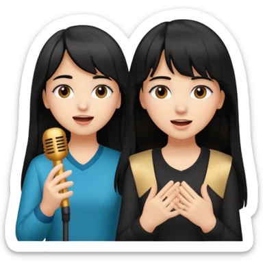 make a middle eastern girl with long black hair and a white girl with bangs and brown medium length hair singing together  sticker