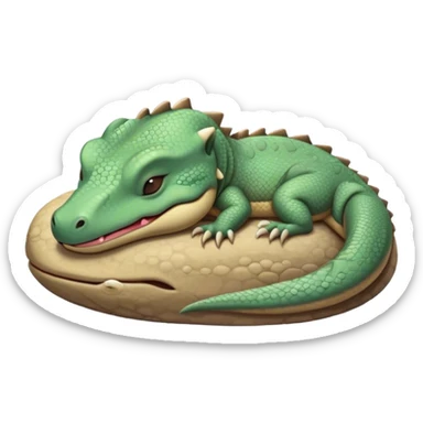Meme-Worthy cute Sleeping Komodo Dragon Lizard Portrait Emoji, Head resting peacefully with a contented smile, showcasing a rugged, textured form and eyes gently closed in serene slumber, Simplified yet comically adorable features, highly detailed, glowing with a soft, drowsy glow, high shine, relaxed and utterly lovable, stylized with an air of playful laziness, bright and heartwarming, soft glowing outline, capturing the essence of a sleeping ancient guardian that feels destined to become the next viral icon of adorable rest! sticker