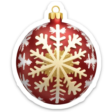 Create a smiley face of a Christmas tree toy in the form of a ball with patterns of snowflakes or stripes. The color of the ball is gold, red or silver to match the Christmas theme sticker