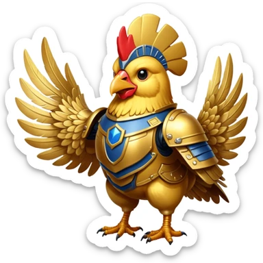 A space chicken wearing golden astartes battle armour sticker
