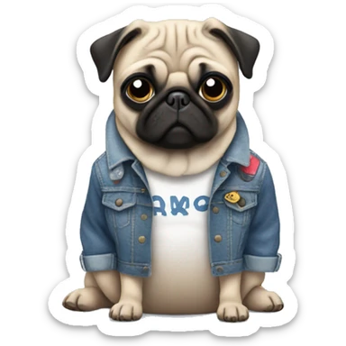 pug wearing a denim jacket with patches sticker