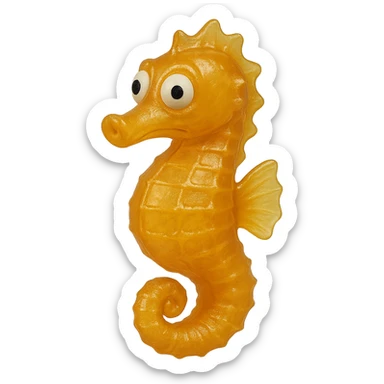 hyper-detailed retro 90's toy style see-through very transparent natural yellow or orange plastic seahorse with derpy eyes soft plastic soft reflections soft and squishy some cloudiness not shiny highly detailed appealing no tag no background sticker
