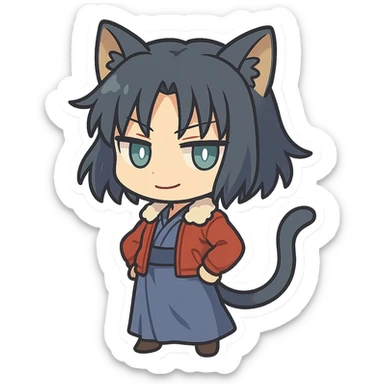 chibi Ryougi Shiki with cat ears and cat tail, Mystic Eyes of Death Perception, slight smirk, cool and detached, true to her personality sticker