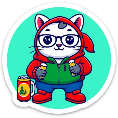 Catfish wearing a red hooded winter jacket, round glasses, blue jeans, red boots, holding a beer can with red label sticker