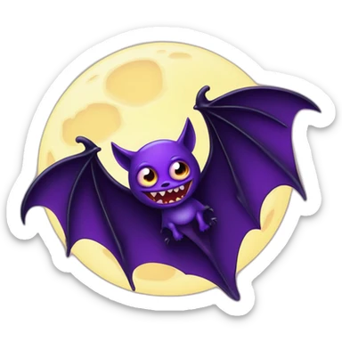 purple and black evil face vampire bat cartoon sparkle eyes wings flying in front of large dripping crescent moon sticker