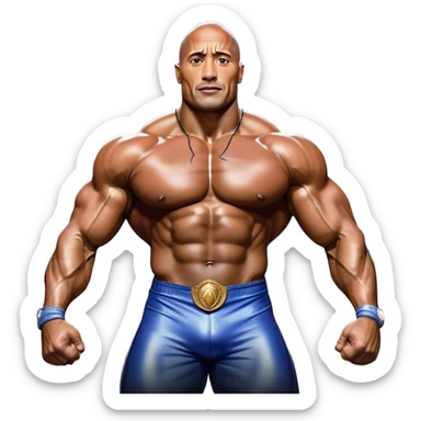 Dwayne 'The Rock' Johnson on stage at the Mr. Universe bodybuilding competition, covered in oil, flexing his powerful muscles. His physique shines under bright stage lights, showcasing his strength and dedication. The audience and judges are blurred in the background. Transparent background. sticker