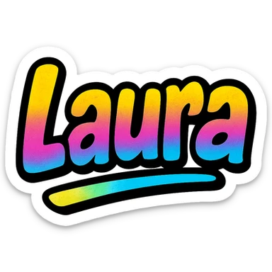Laura name in modern colorful gradient font with dark outline, dynamic slanted or partial underline, transparent background, in the style of reference patterns sticker