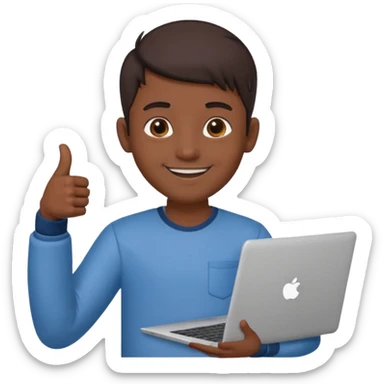 indian college boy holding laptop thumbs up sticker