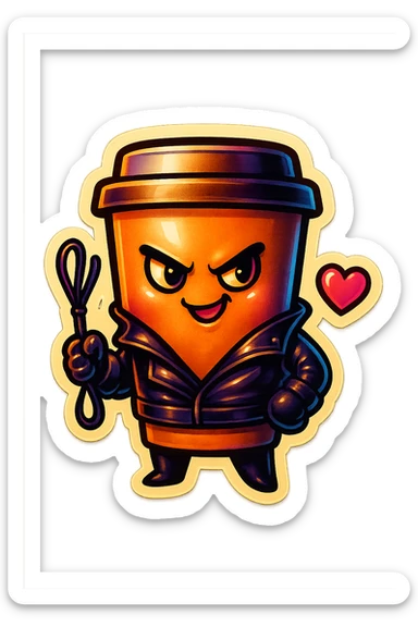 Tall coffee cup, dressed in leather holding a whipping paddle, mischevious, heart sticker